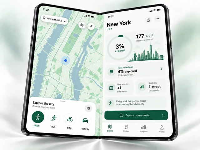 Streets for iPhone Duo preview with a Manhattan map beside New York city progress: 3% explored and 177 of 6,214 streets.