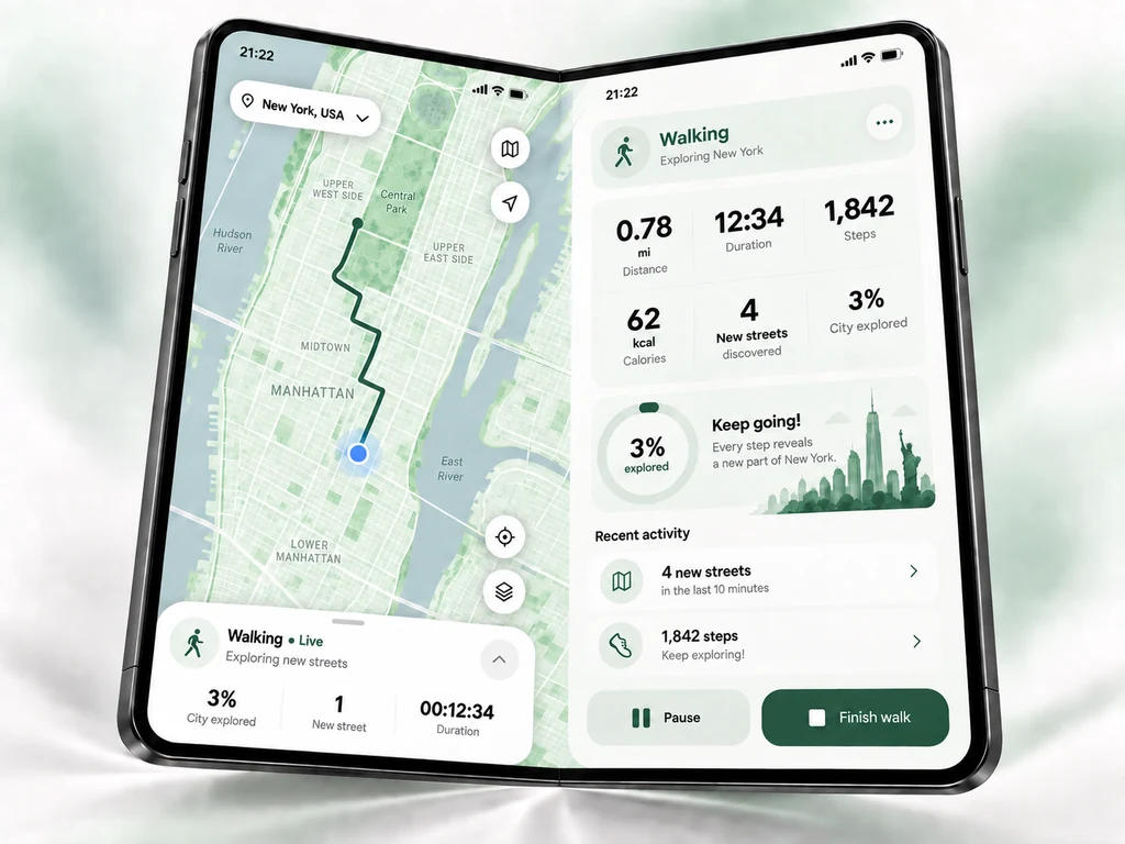 Streets for iPhone Duo preview with a live Manhattan walking route beside distance, duration, steps, new streets, and city progress.