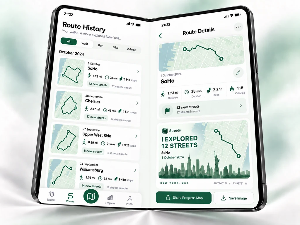 Streets for iPhone Duo preview showing Route History beside SoHo Route Details and a shareable route card.