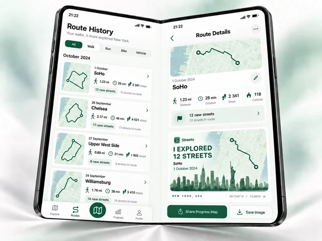 Streets for iPhone Duo preview showing Route History beside SoHo Route Details and a shareable route card.