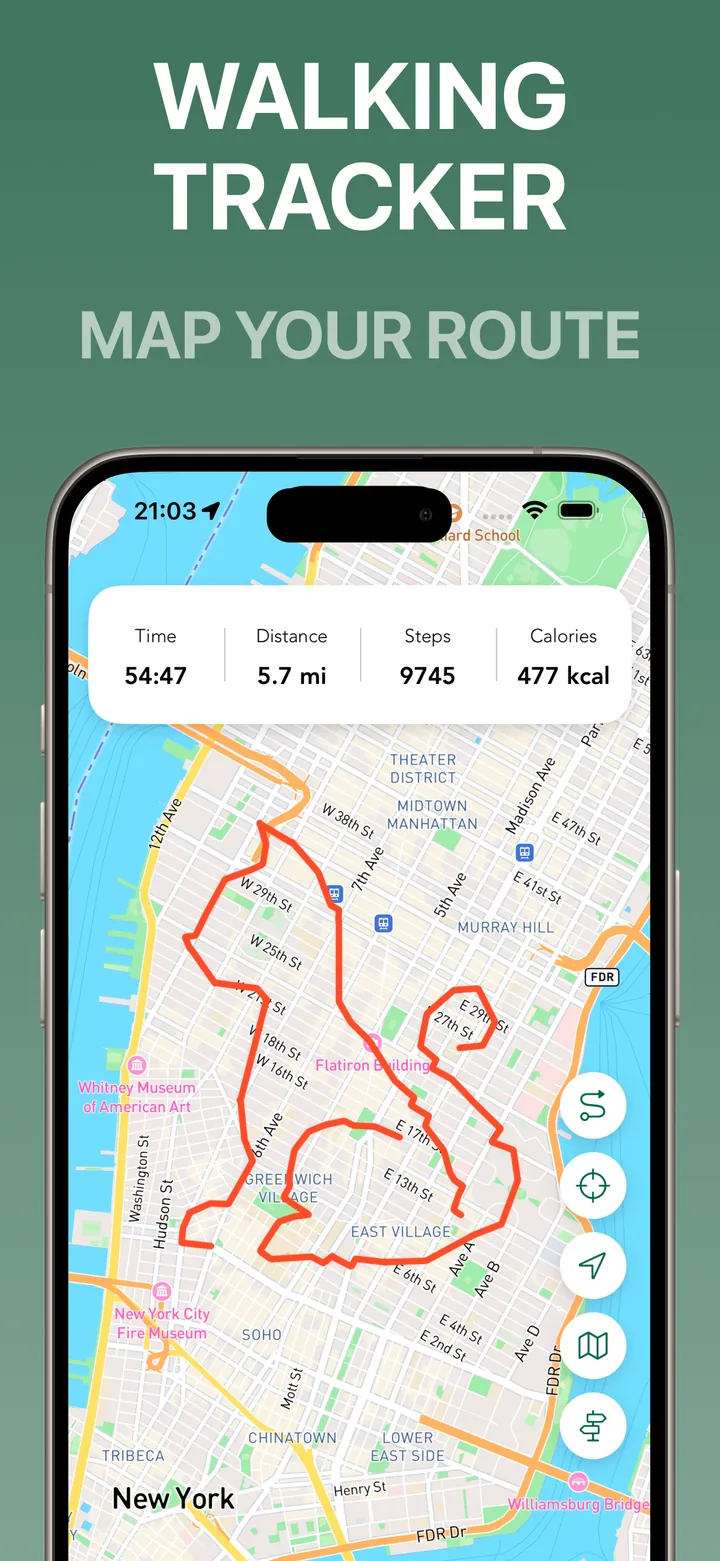 A tracked walking route on the map in Streets