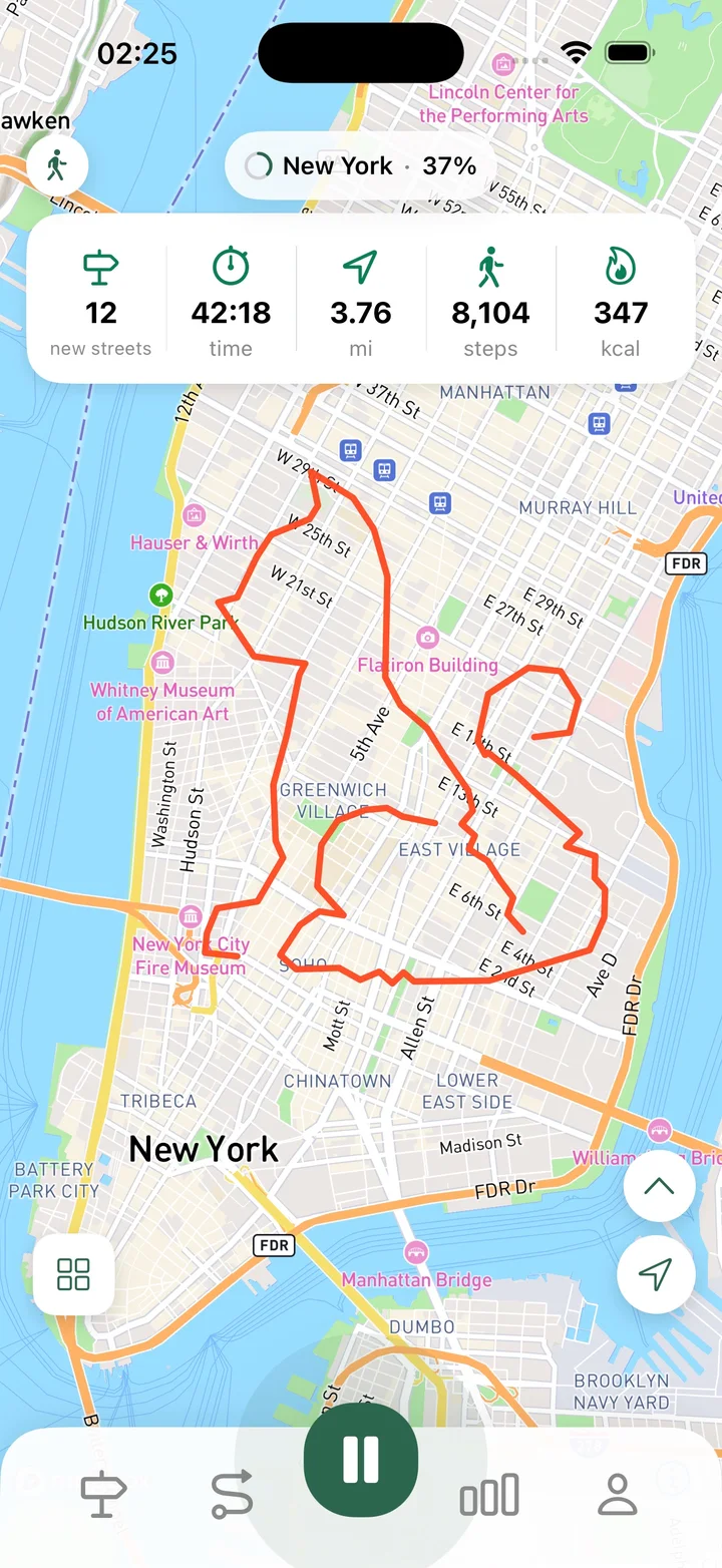 Active GPS route with live walking statistics