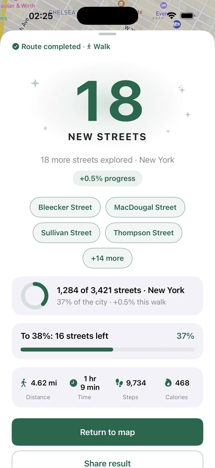 Completed route and newly discovered streets