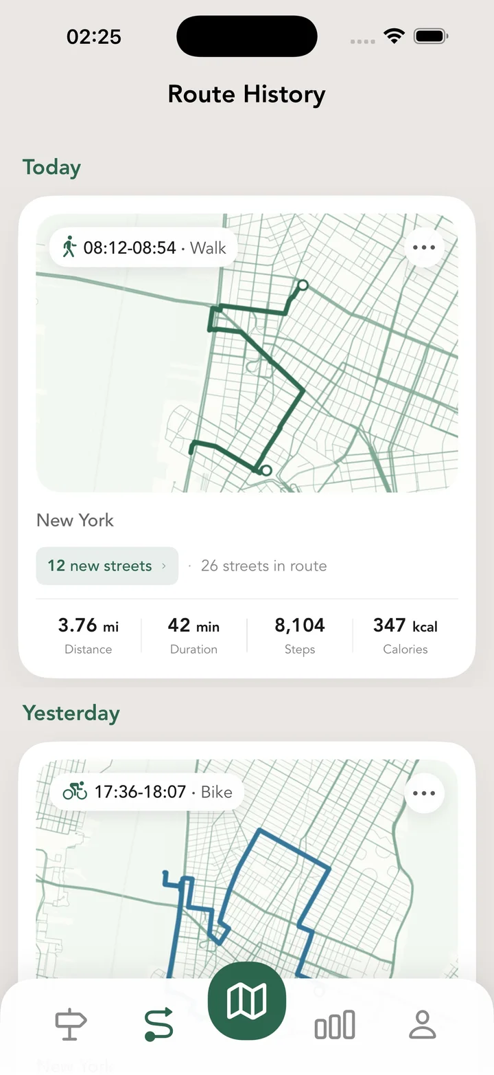 Route history with maps and statistics